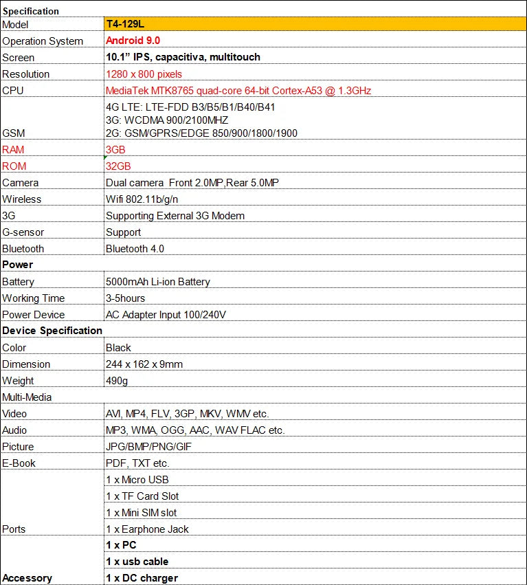 Hot Sales 10.1 INCH T4-129L Tablet PC 3GB RAM 32GB ROM Android 9.0 MTK8765 Quad Core 1280 x 800 pixels WIFI