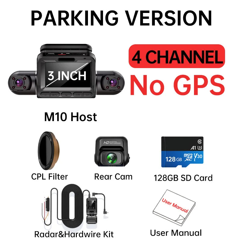 TiESFONG M10max 2K 1440P Dash Cam for Car DVR 4CH 360 Camera 24H Parking Monitor & GPS Night Vision Auto Video Recorder 256Gmax - Lizard Vigilante