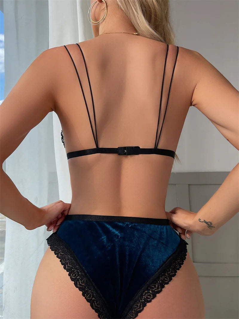 Soft Velvet Lingerie Set – Women’s Sexy 2-Piece Backless Bra and Panty Set with Lace Decoration - Premium Lingerie from Lizard Vigilante - Just $33.88! Shop now at Lizard Vigilante