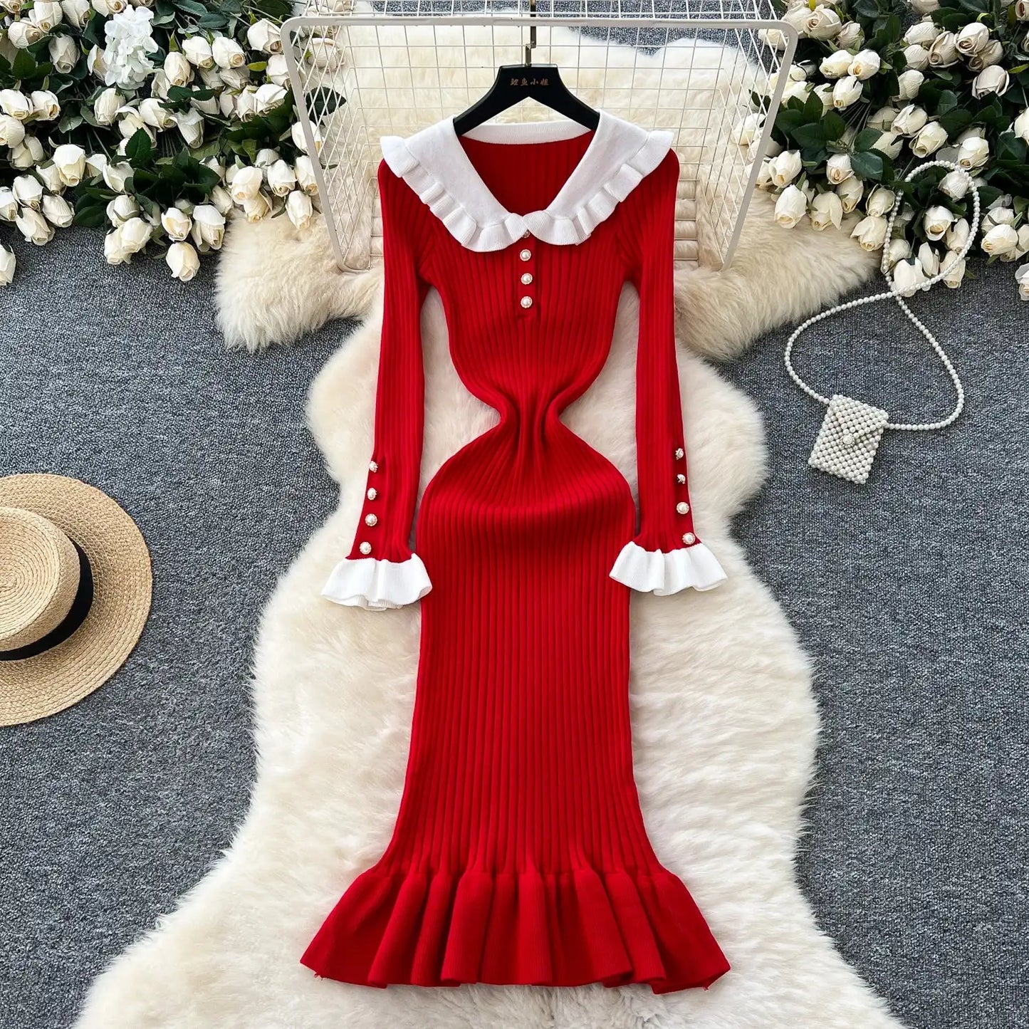 SINGREINY 2024 Hotsweet Slim Autumn Dress Women Peter pan Collar Long Sleeves Patchwork Preppy Style Mermaid Sweater Long Dress