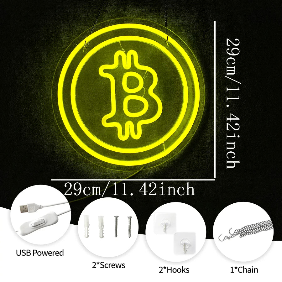 Bitcoin Neon Sign Yellow LED Handmade USB Powered Wall Decor For Bedroom Bar Shop Game Room