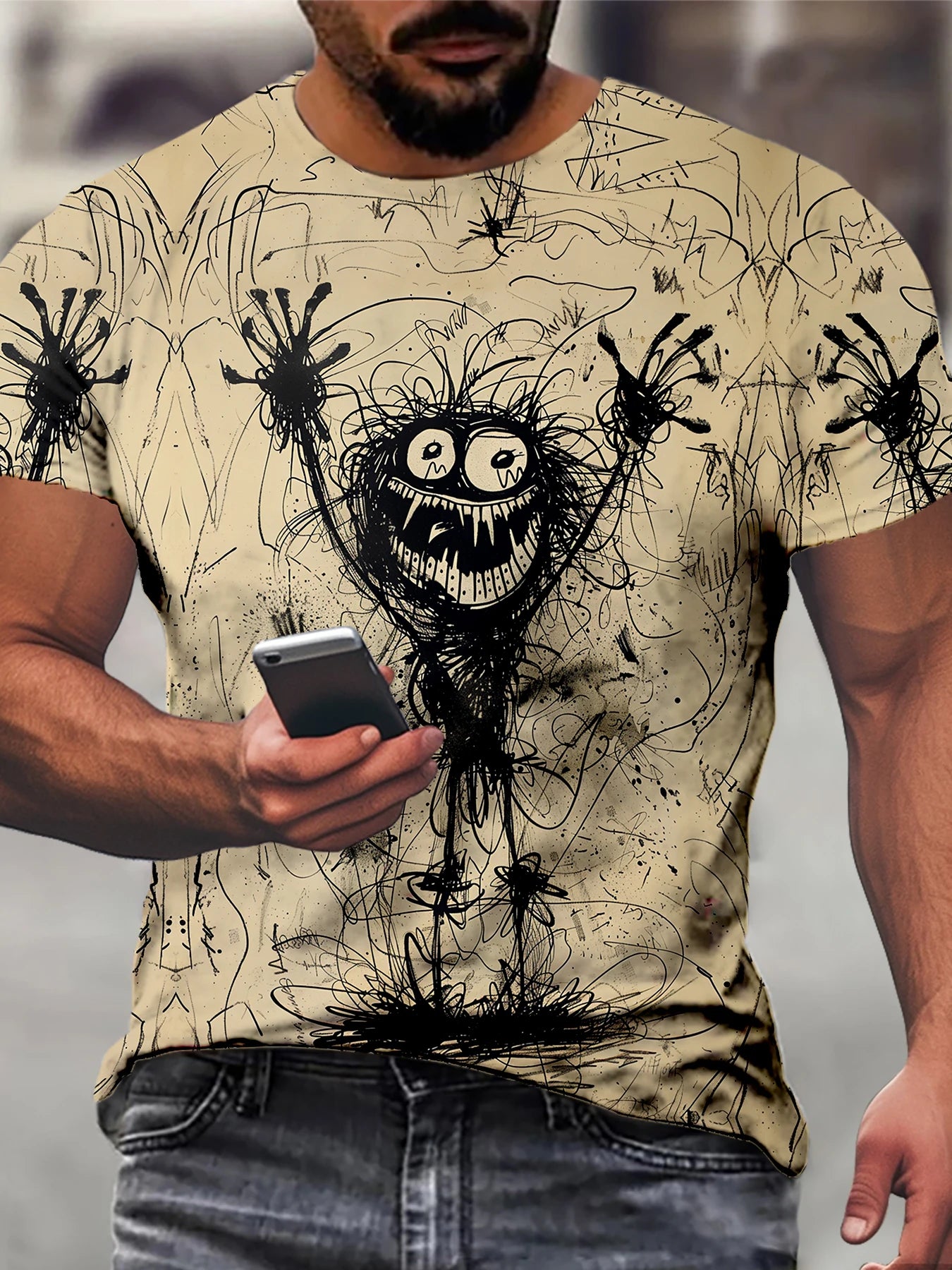 Men's Retro Sketch Style Cheering Monster Illustration Print T-shirt Crew Neck And Short Sleeve Tee, Summer Tops For Street Wear - Premium  from Lizard Vigilante - Just $24.99! Shop now at Lizard Vigilante