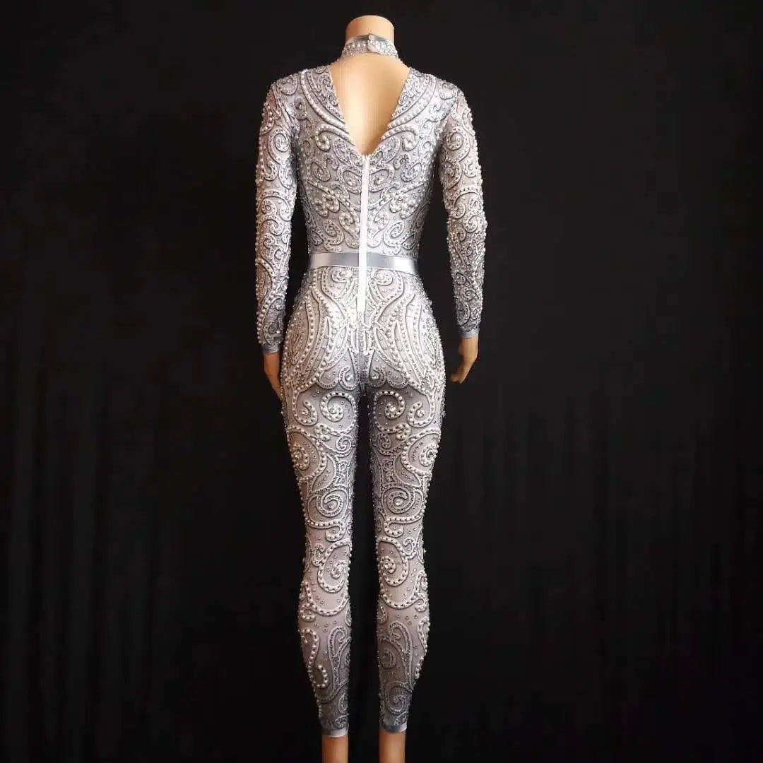 Sexy Silver & Gold Rhinestone Bodysuit – DJ, Bar, Singer, and Catwalk Stage Costume with Crystals & Pearl Appliques - Premium costume from Lizard Vigilante - Just $99.91! Shop now at Lizard Vigilante