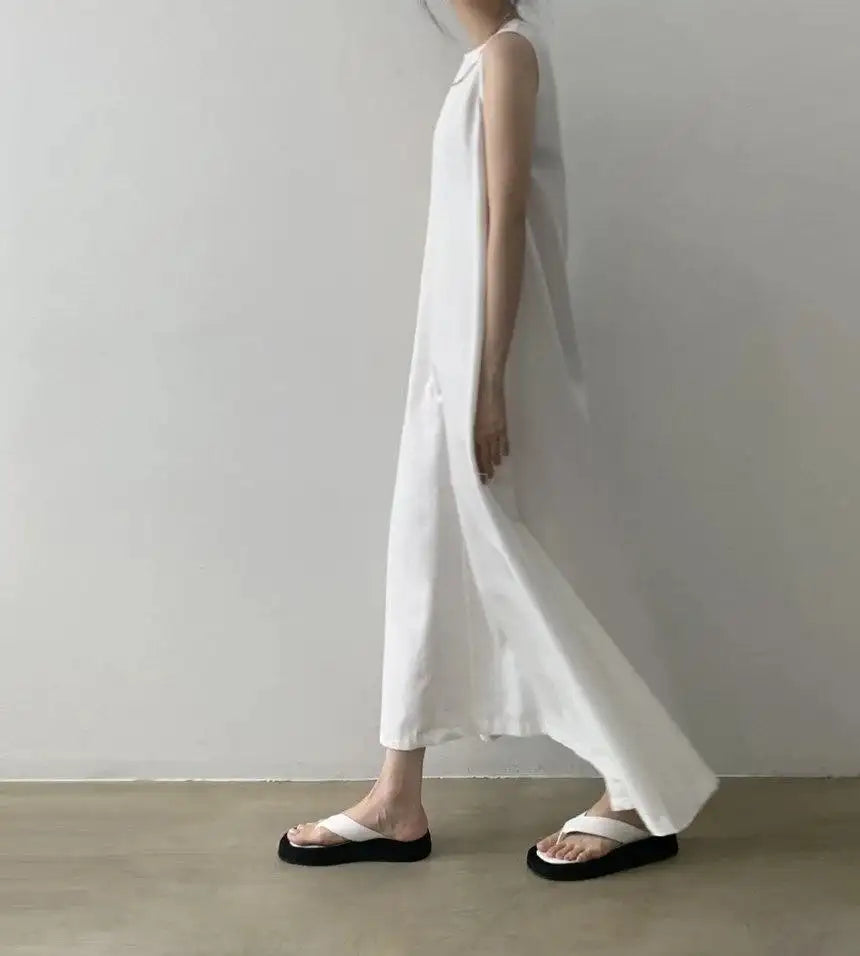 2022 Minimalist Chic Loose Swing Sleeveless Mid-length Casual Cotton Linen Long Dress  Round Neck High Waist Women Runway Dress