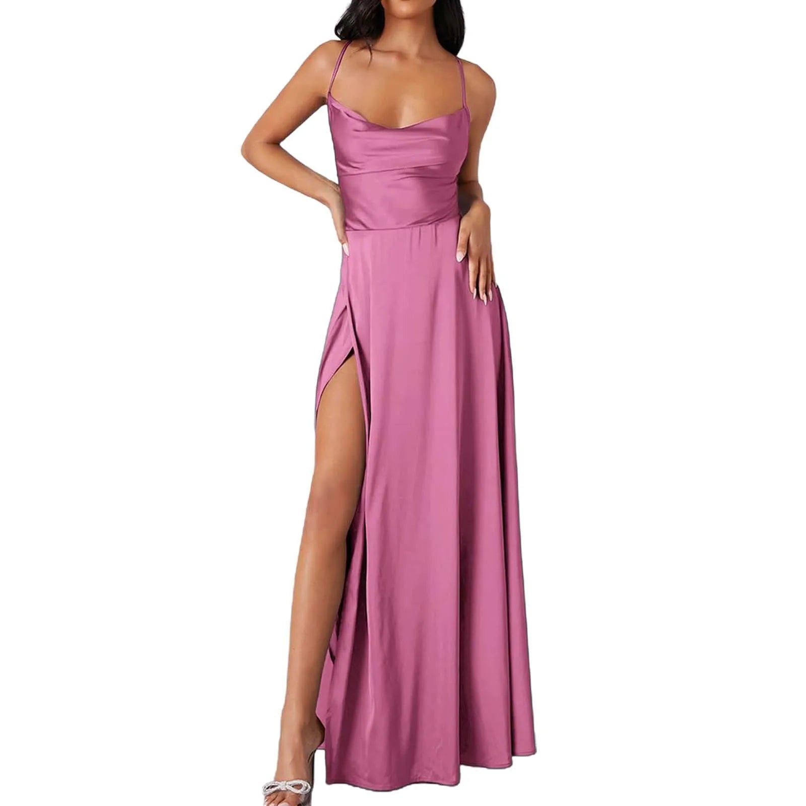 Elegant Women Sexy Satin Prom Dress Summer Sexy Blue High Slits Graduate Evening Long Dress Ladies Backless Lace Up Party Robes - Premium  from Lizard Vigilante - Just $17.99! Shop now at Lizard Vigilante