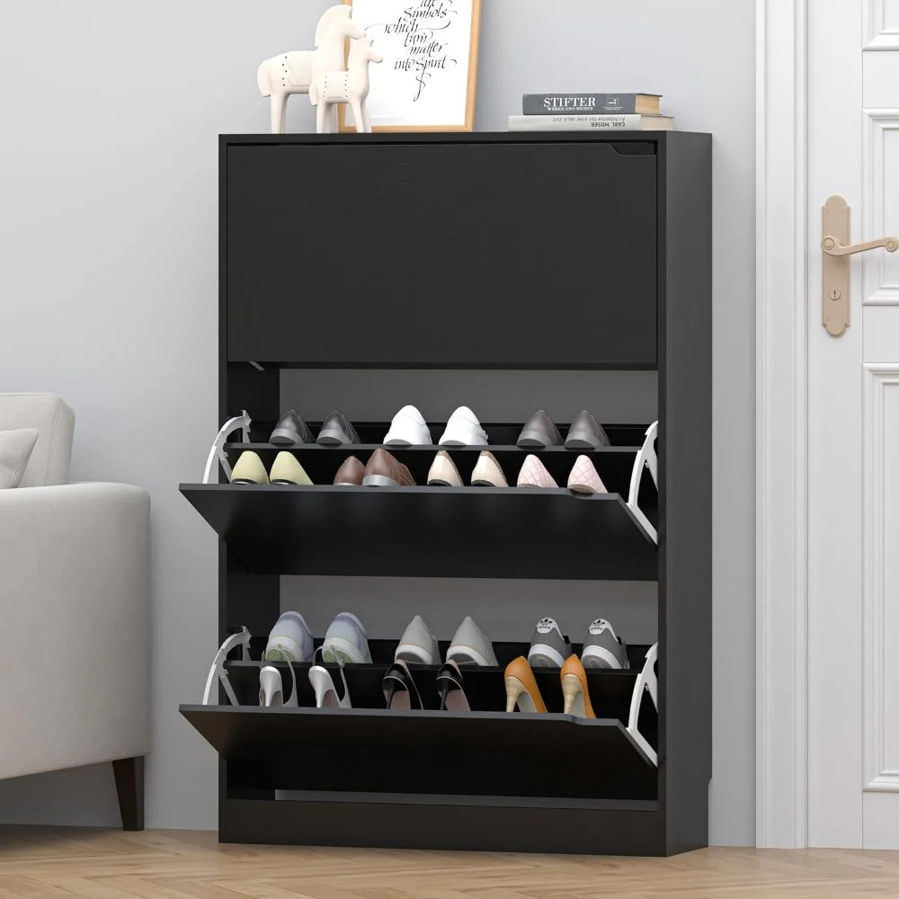 Easy To Use Black Shoe Cabinet with 3 Flip Drawers - Hidden Modern Shoe Storage for Entryway - Premium shoe accessories from Lizard Vigilante - Just $99.99! Shop now at Lizard Vigilante