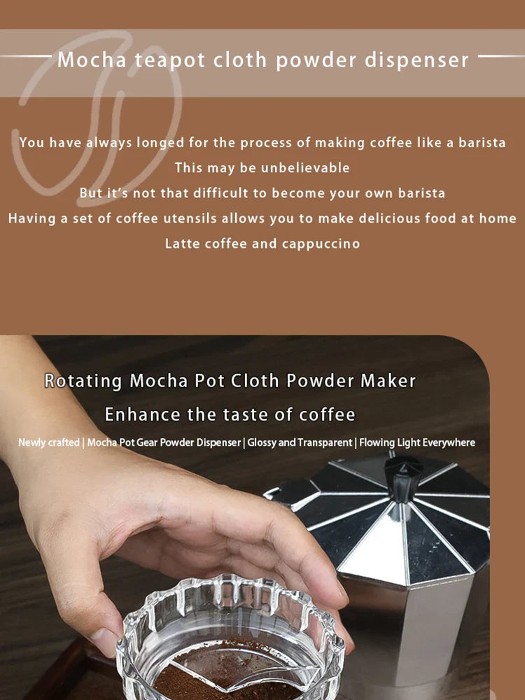 Mocha pot powder dispenser, fabric powder dispenser, powder pressing and filling tool