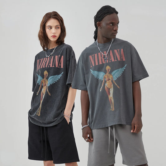 Nirvana T Shirt Streetwear Wash Water Distressed Rock Printing Retro Short Sleeves High Street Trendy Brand Breathable - Lizard Vigilante