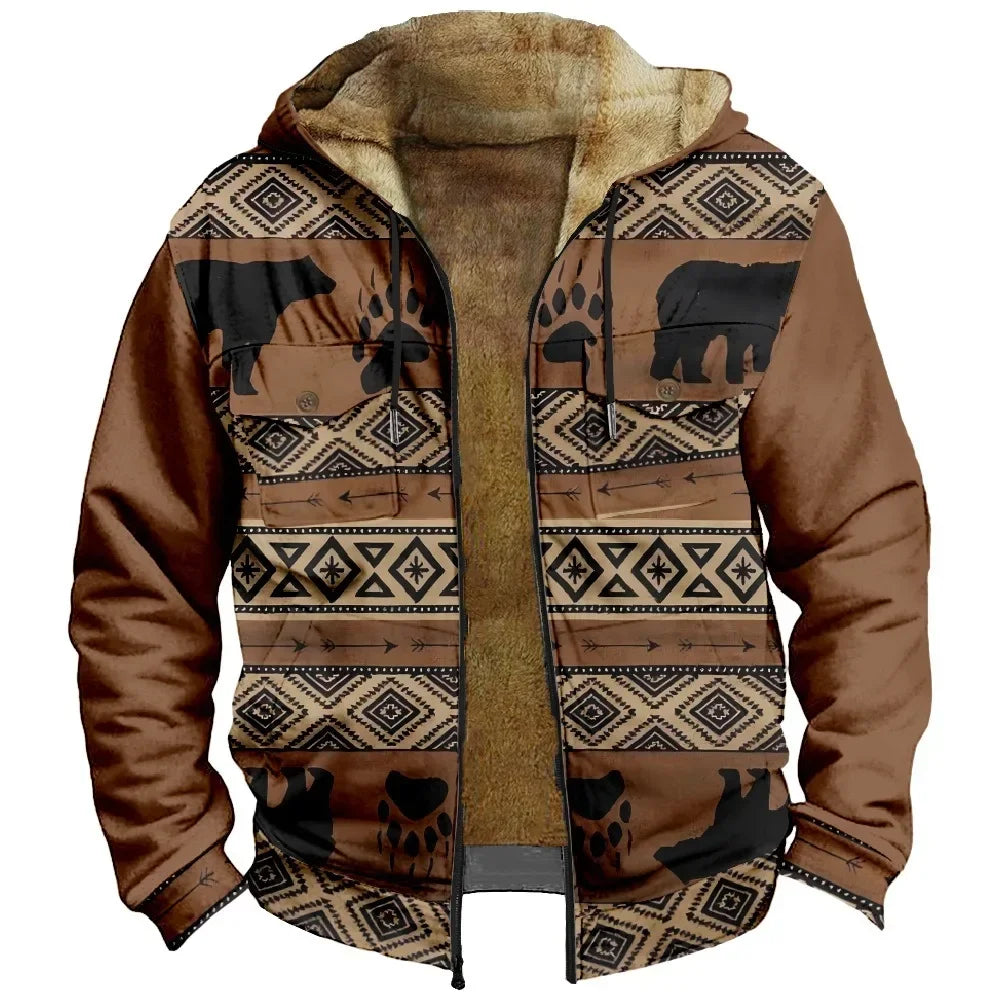 Retro Aztec Geometric Winter Jacket – Men's Plush Thick Streetwear Hunting Coat with Art Graphics & Fleece Lining - Premium jacket from Lizard Vigilante - Just $56.66! Shop now at Lizard Vigilante