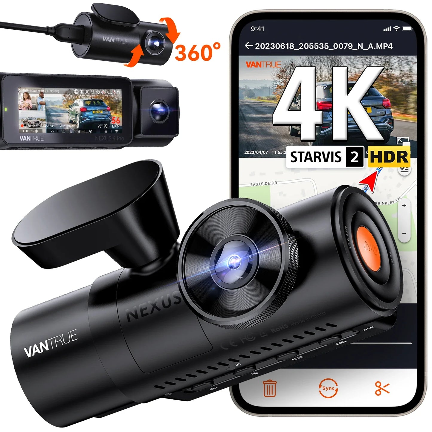 Vantrue N4Pro Dashcam 4K Wi-Fi 3-Channel Dashcam Voice Control IMX678 Night Vision HDR GPS Cam 24h Packing Mode Camera for Car