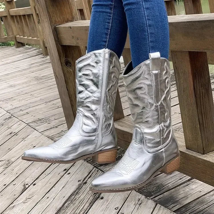 Gold Mid-Calf Western Cowboy Boots for Women – Side Zipper, Pointed Toe, Retro Fashion - Plus Size 36-43 - Premium boots from Lizard Vigilante - Just $58.88! Shop now at Lizard Vigilante