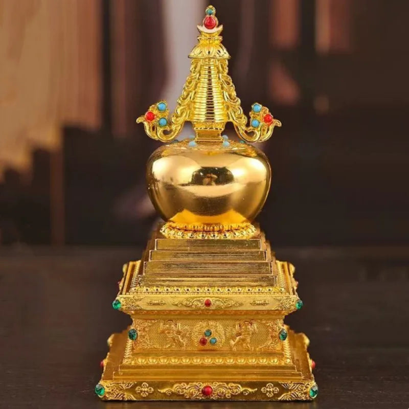 Buddha Statue Pagoda,Engraving Inlaid Gem Tibetan Alloy Double-Layer Tower,Altars Stupa,Buddhist Item Religious Decorative