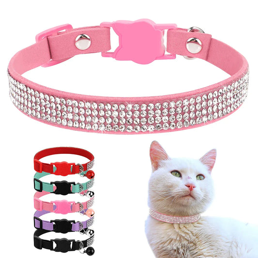 Soft Suede Leather Cat Collar Bling Rhinestone Cats Collars with Bell Safety Breakaway Pet Puppy Necklace Adjustable XS S Pink