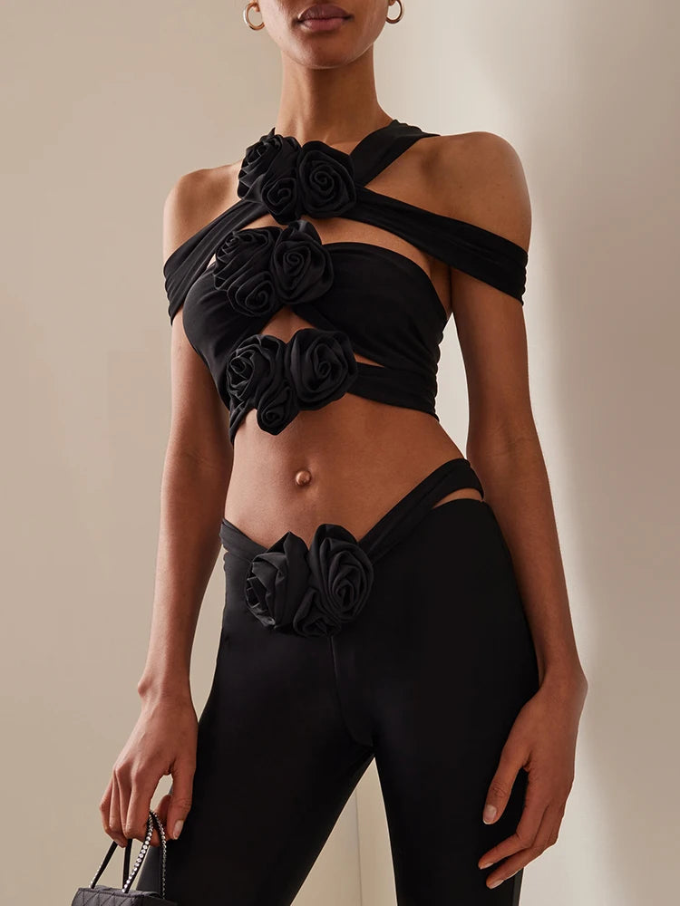 VC Black Two Pieces Set Women Sexy Stereo Floral Crop Top And Long Pants Bodycon Female Clothes Runway Stage Wear - Premium  from Lizard Vigilante - Just $101.99! Shop now at Lizard Vigilante