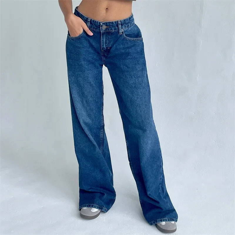 Lamuusaa Jeans y2k Clothes Women Solid Color Low Waist Waist Wide Leg Denim Pants Trousers with Multi Pockets 2000s Streetwear