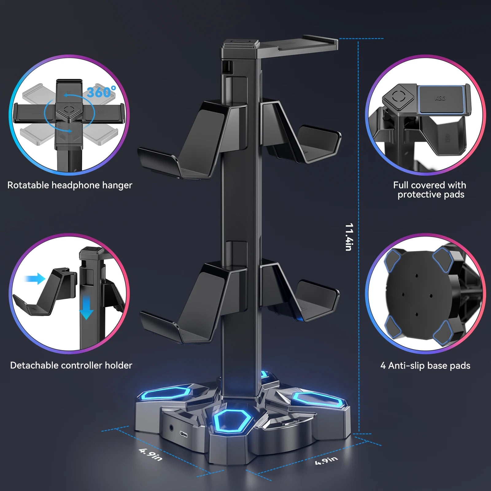 USB Hub Controller Holder Headphones Stand Rotatable Headset Stand with 9 Light Modes with 2 USB Charging Type-C Ports - Premium headphone stand from Lizard Vigilante - Just $48.88! Shop now at Lizard Vigilante