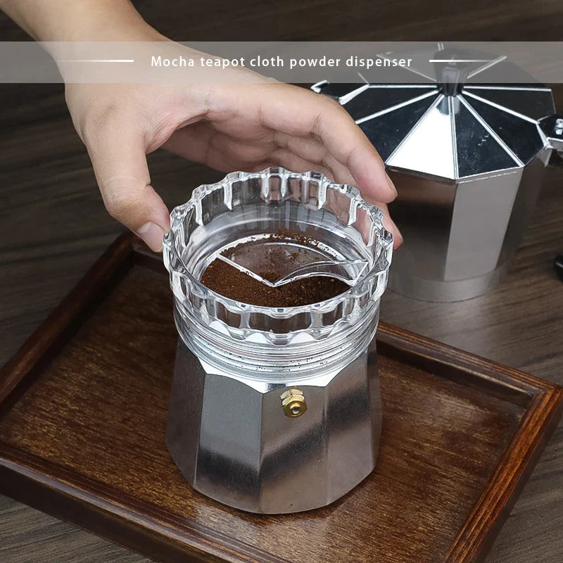 Mocha pot powder dispenser, fabric powder dispenser, powder pressing and filling tool