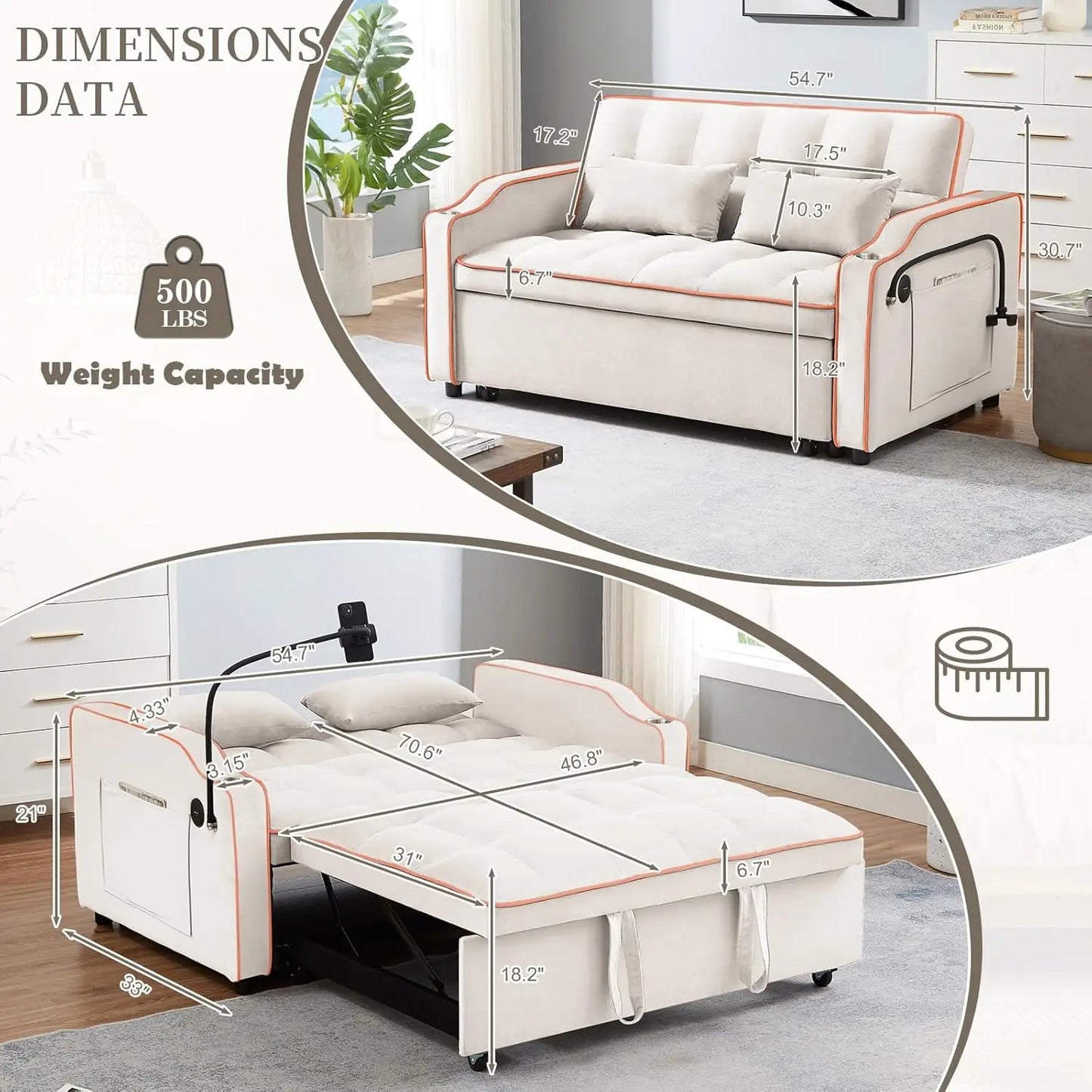 3-in-1 Convertible Velvet Pull-Out Couch Bed with USB & Type C Port – Comfy Futon Loveseat with Adjustable Backrest, Phone Stand & Cup Holder - Premium couch from Lizard Vigilante - Just $1799.88! Shop now at Lizard Vigilante