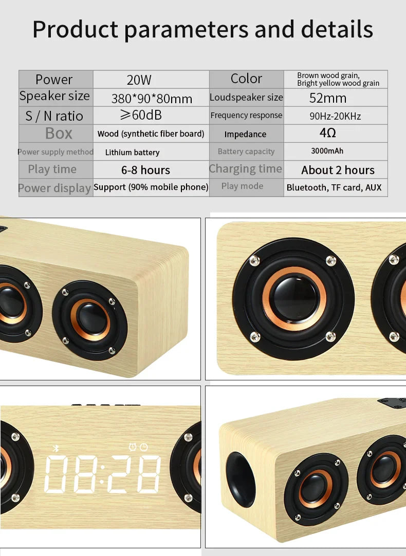 Wooden Bluetooth Speaker Portable Wireless Subwoofer Clock Soundbox Home Computer Echo Wall Soundbar HiFi Stereo TF AUX U Disk
