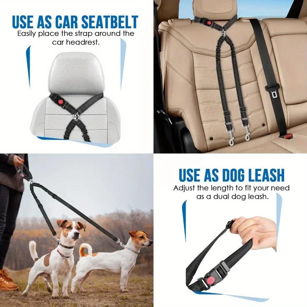 Double Dog Safety Belt: Adjustable Car Headrest Restraint & Splitter Harness for 2 Dogs - Elastic Travel Seatbelt - Premium dog sseat belt from Lizard Vigilante - Just $18.69! Shop now at Lizard Vigilante