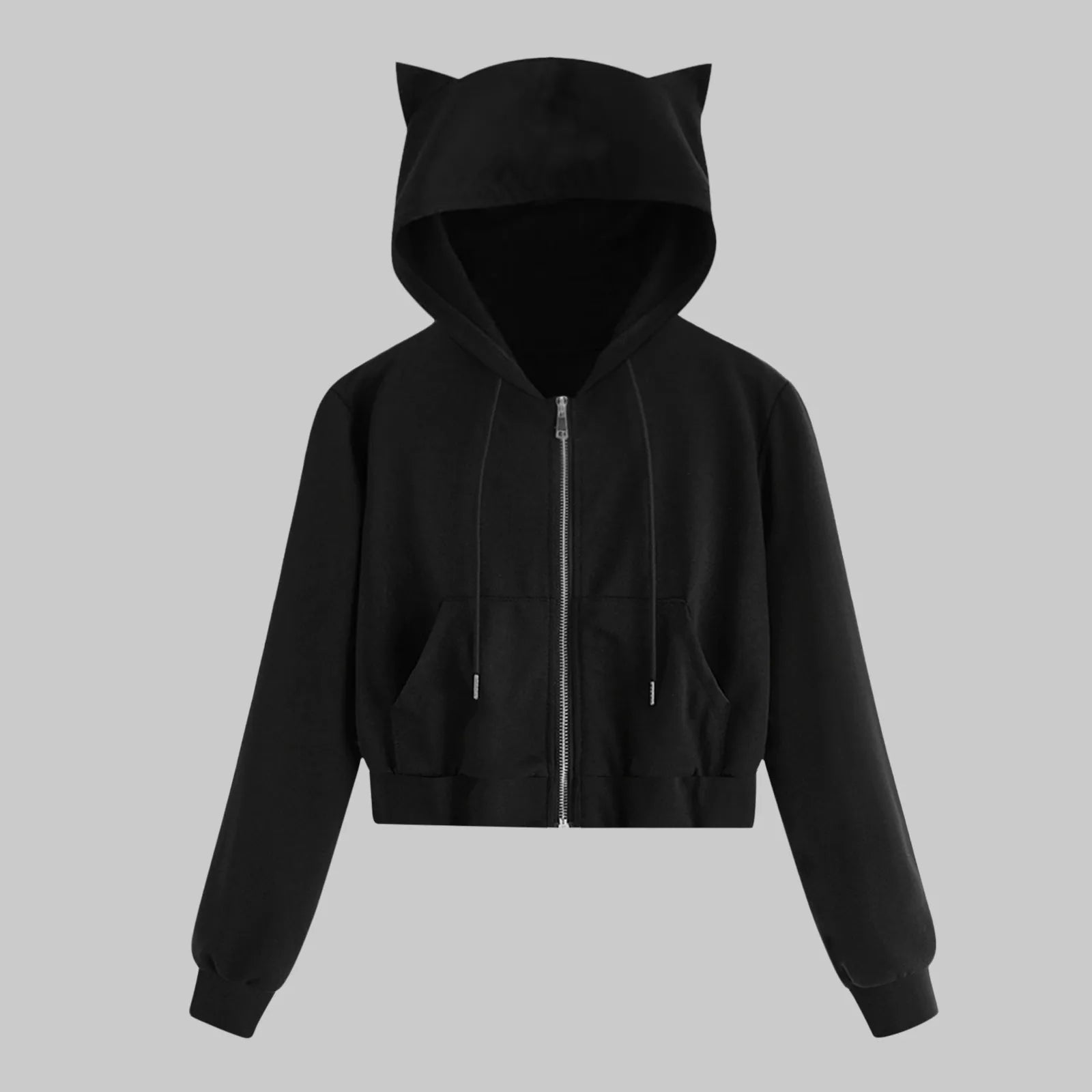 Kawaii Cat Ear Zip-Up Cropped Hoodie – Casual Sweatshirt with Drawstring & Pocket, Adorable Harajuku Style for All Seasons - Premium hoodie from Lizard Vigilante - Just $38.88! Shop now at Lizard Vigilante