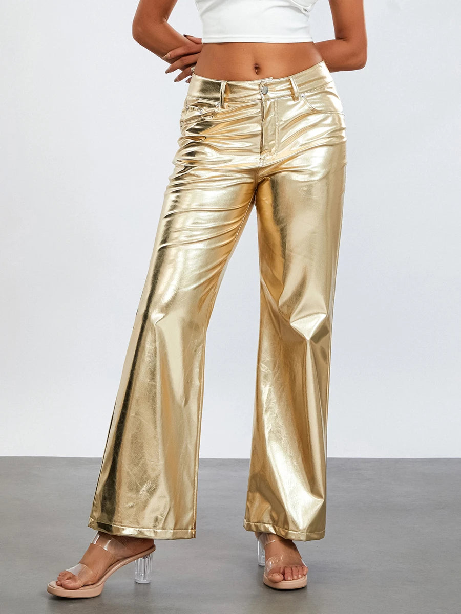 Women s Metallic Jeans Loose Low Waist Button Straight Leg Long Length Gold Trousers Glitter Pants with Front Pockets - Premium  from Lizard Vigilante - Just $38.99! Shop now at Lizard Vigilante