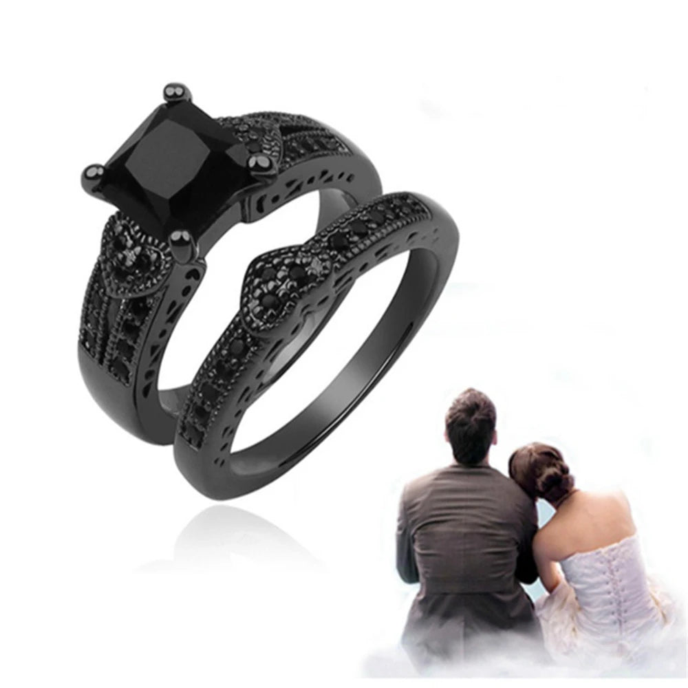 Lizard Vigilante Black Full Zircon Couple Ring Set – Men's Stainless Steel & Women's Heart-shaped Wedding Jewelry - Premium wedding rings from Lizard Vigilante - Just $28.88! Shop now at Lizard Vigilante