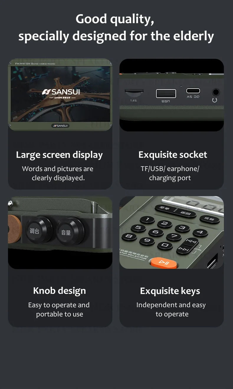 SANSUI Wireless Bluetooth Speakers Home Full-band Radio LED HD Video Player Portable MP4 Walkman Built-in Rechargeable Battery