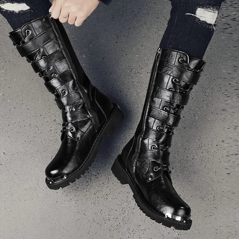 DEADFUEL BLACKOUT: Men’s Mid-Calf Leather Motorcycle Boots with Zip Buckle – Streetwear Punk Cowboy Tool Boots for Winter Chaos - Premium boots from dsers - Just $135.99! Shop now at Lizard Vigilante