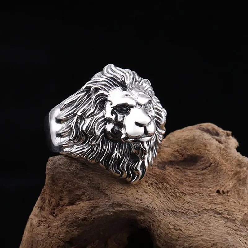 Silver High-Quality Men's Lion Head Ring – Stainless Steel Detroit Rock Punk Animal Ring - Premium ring from Lizard Vigilante - Just $28.88! Shop now at Lizard Vigilante