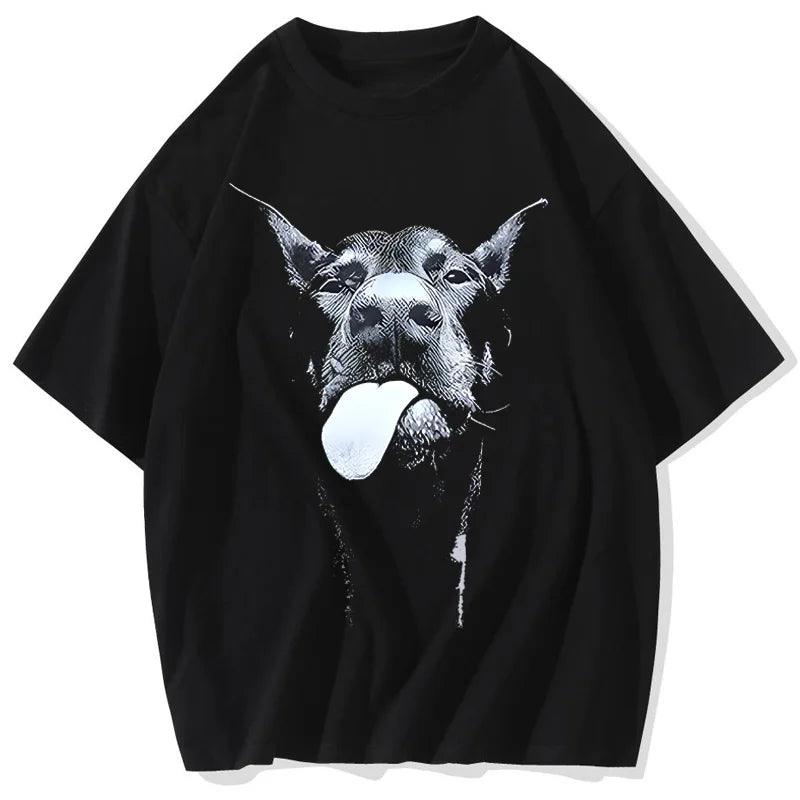 Men Gothic Letter Dog Printed T-Shirt Hip Hop Streetwear Punk Summer Vintage Washed Oversized T Shirts Tops men clothing - Lizard Vigilante