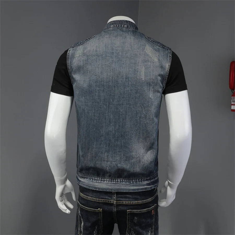Punk Style Men's Denim Vest Sleeveless Jeans Jacket Men Ripped Slim Fit Waistcoat Stand Collar Cowboy Tops Hip Hop Streetwear - Premium  from Lizard Vigilante - Just $55.99! Shop now at Lizard Vigilante