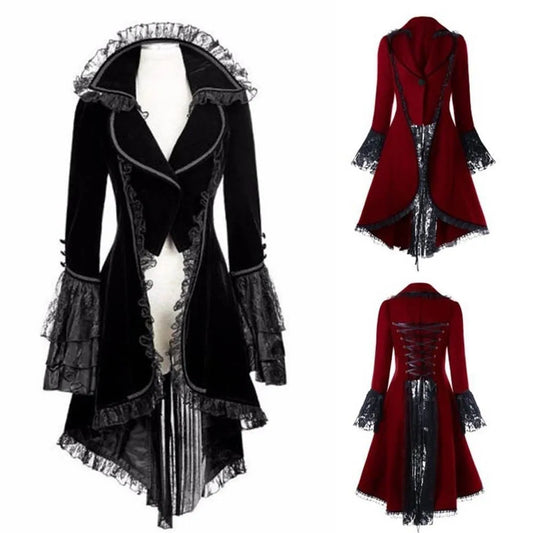 Women Lace Trim Lace-up High Low Coat Black Steampunk Victorian Style Gothic Jacket Medieval Noble Court Dress Plus Size S-5XL - Premium  from Lizard Vigilante - Just $18.99! Shop now at Lizard Vigilante