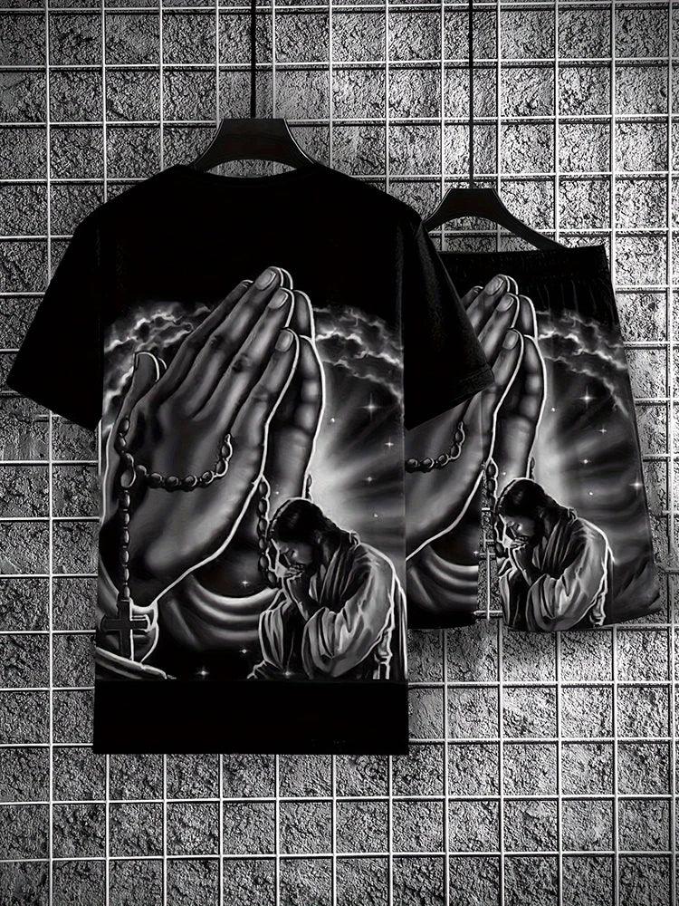 Summer Men's Casual Trend Short Sleeve Shorts Set 3D Printed Prayer Handprint T-Shirt and Shorts Set Summer Outdoor Casual Set - Lizard Vigilante