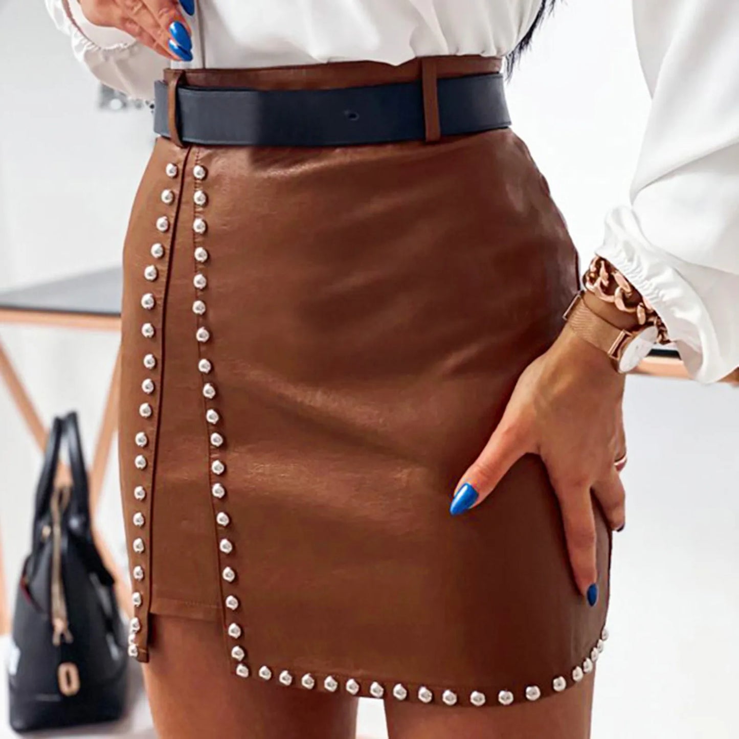 Sexy Girl Black PU Leather Mini Skirts Women High Waist Bodycon Front Split Studded Elegant Short Skirt Spring Autumn Streetwear - Premium  from Lizard Vigilante - Just $12.99! Shop now at Lizard Vigilante