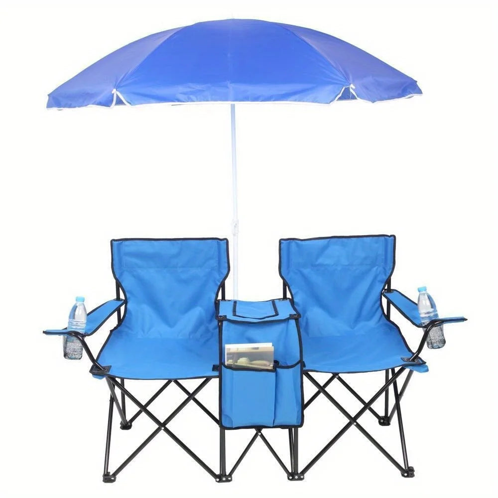 Camping portable outdoor 2-seat folding chair with blue beach umbrella - Premium  from Lizard Vigilante - Just $104.99! Shop now at Lizard Vigilante