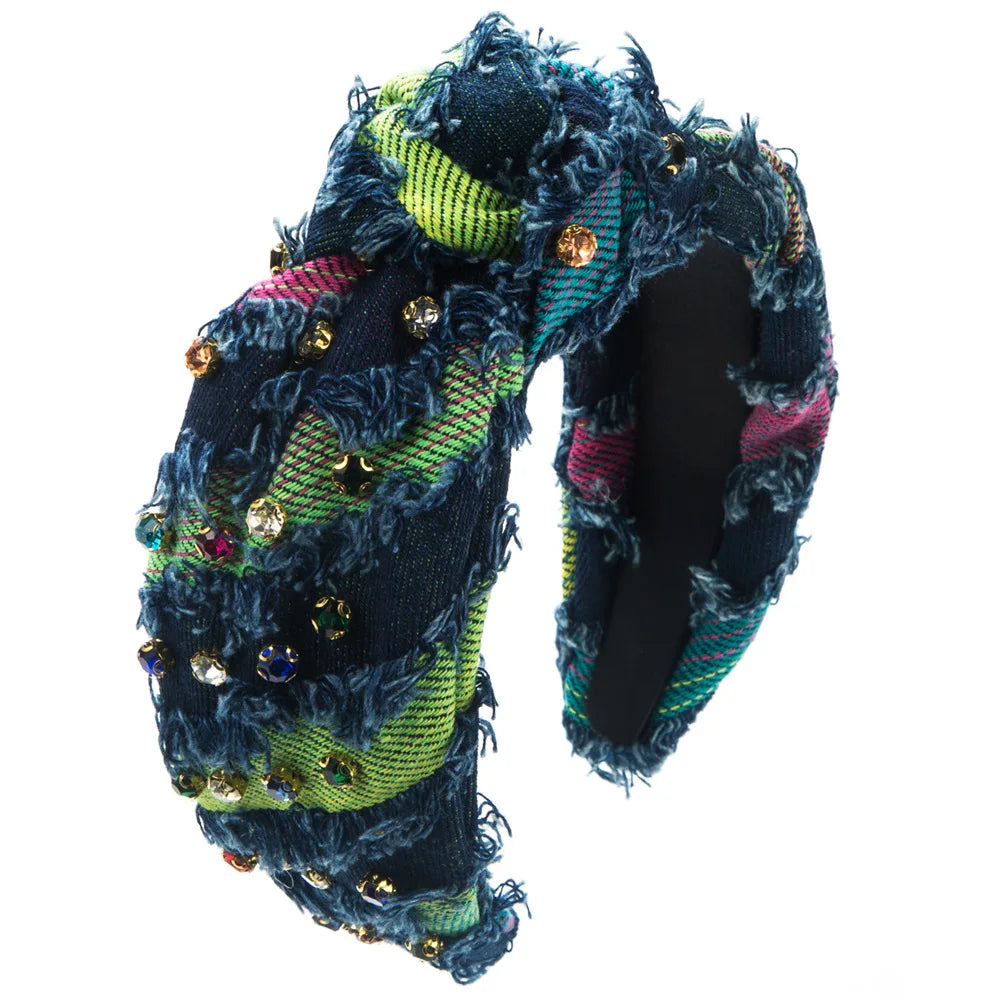 Western Cowgirl Pearl Rhinestone Knotted Boot Crystal Pearls Bejeweled Denim Cloth Headband - Premium Headband from Lizard Vigilante - Just $28.88! Shop now at Lizard Vigilante