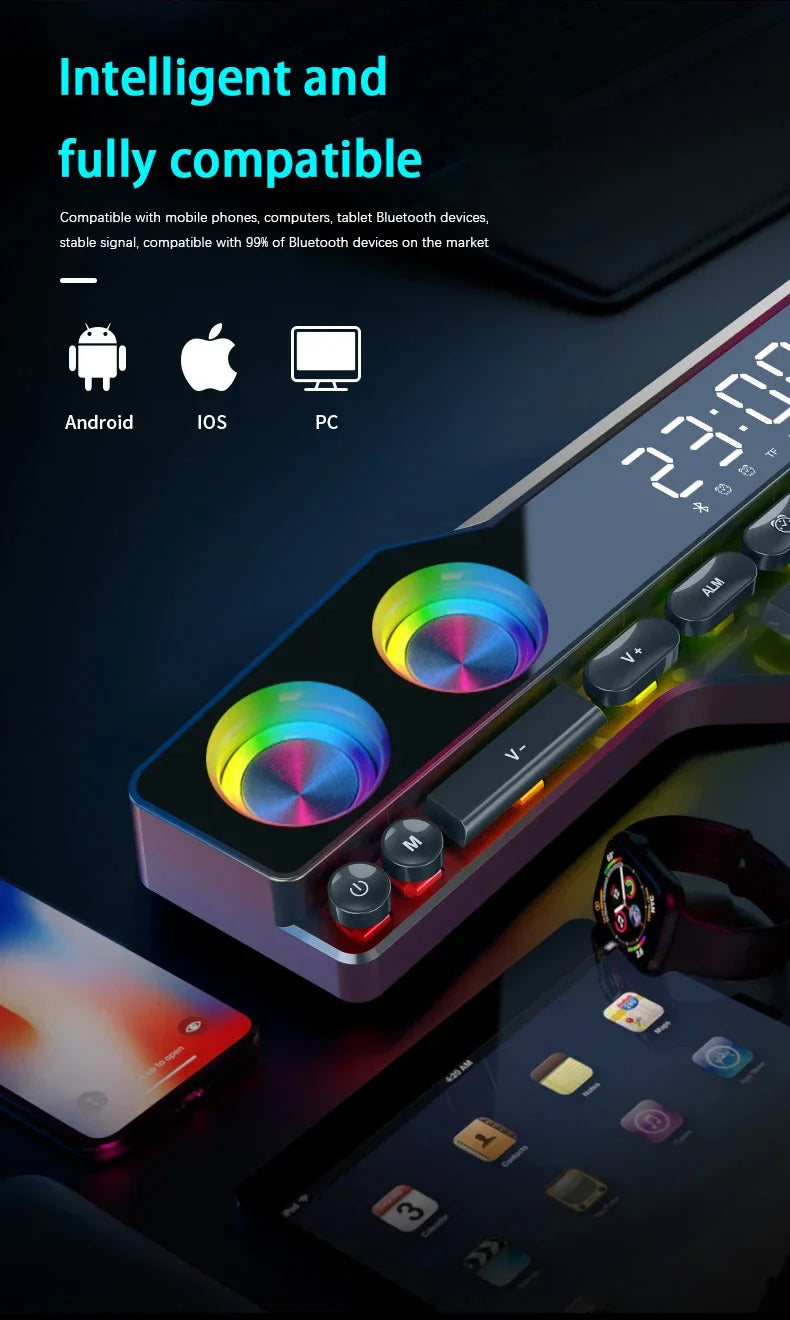 Wireless Bluetooth Game Speaker Soundbar USB 3D Stereo Subwoofer FM Home Clock Indoor Sound Bar Computer Loudspeaker Hot Sale