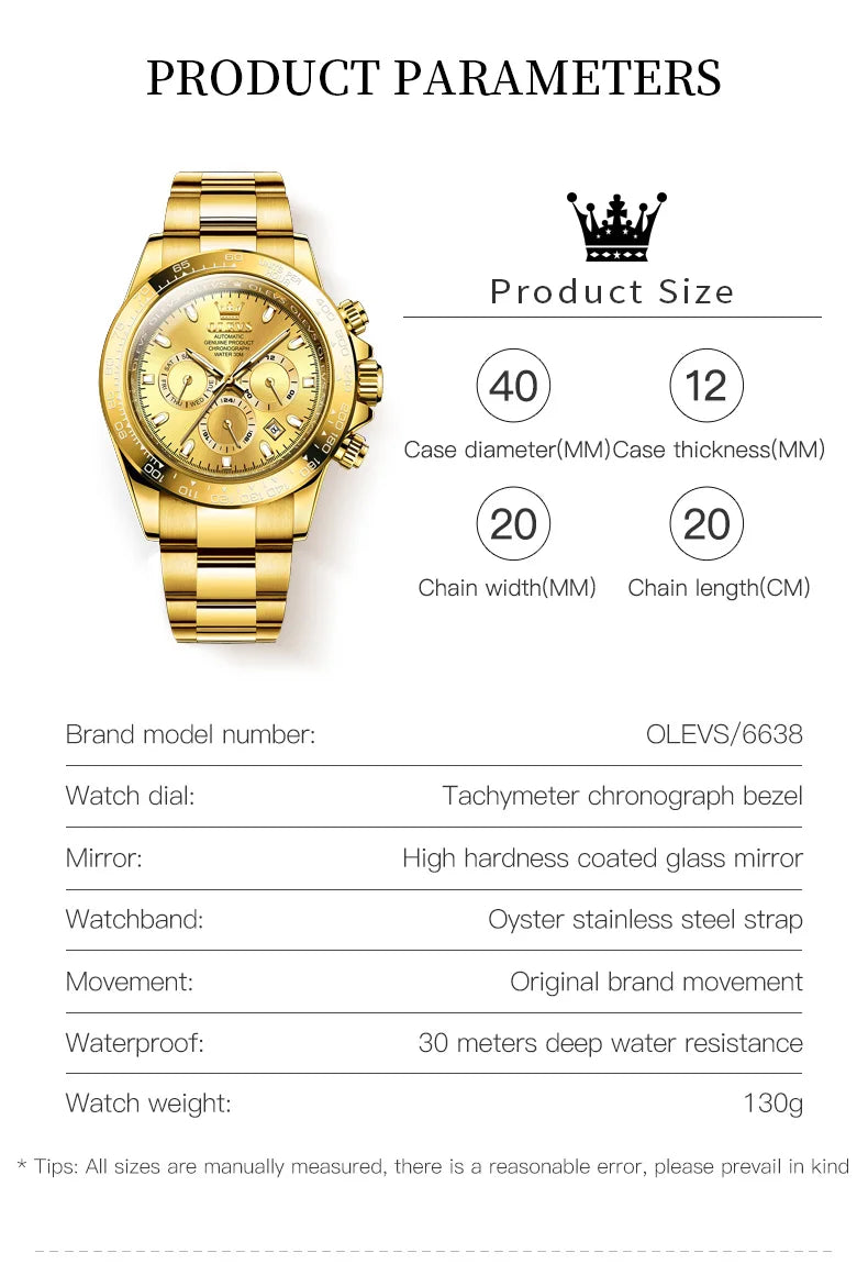 OLEVS Original Gold Watch for Men Automatic Mechanical Multifunctional Three Small Dials Luxury Brand Men's Wristwatch Upgraded - Premium  from Lizard Vigilante - Just $139.99! Shop now at Lizard Vigilante