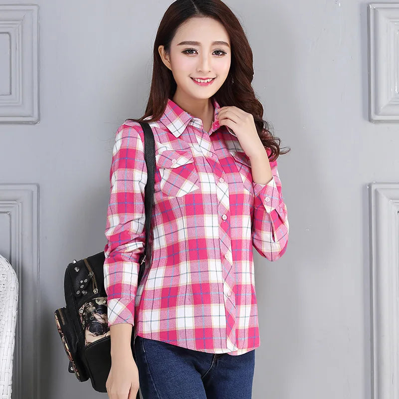 Women’s Cotton Flannel Plaid Shirt – College Style Long Sleeve Blouse with Pockets – Timeless Casual Elegance - Premium shirt from Lizard Vigilante - Just $38.88! Shop now at Lizard Vigilante