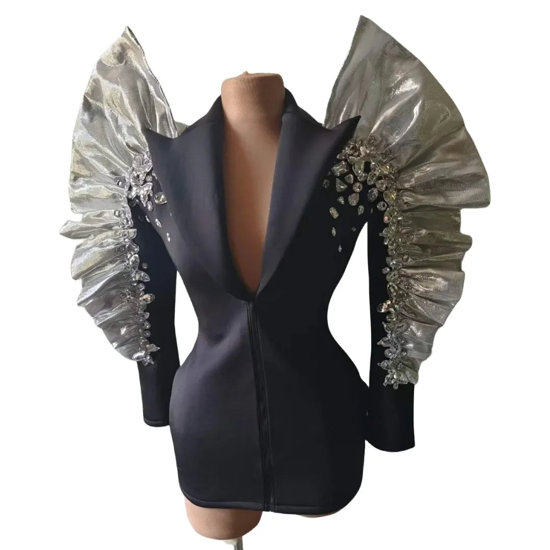 Sexy Singer Black Jacket Sparkly Sequins Rhinestones Big Sleeves Dancer Nightclub Jazz Dance Costume Performance Show Stage Wear - Premium  from Lizard Vigilante - Just $94.99! Shop now at Lizard Vigilante