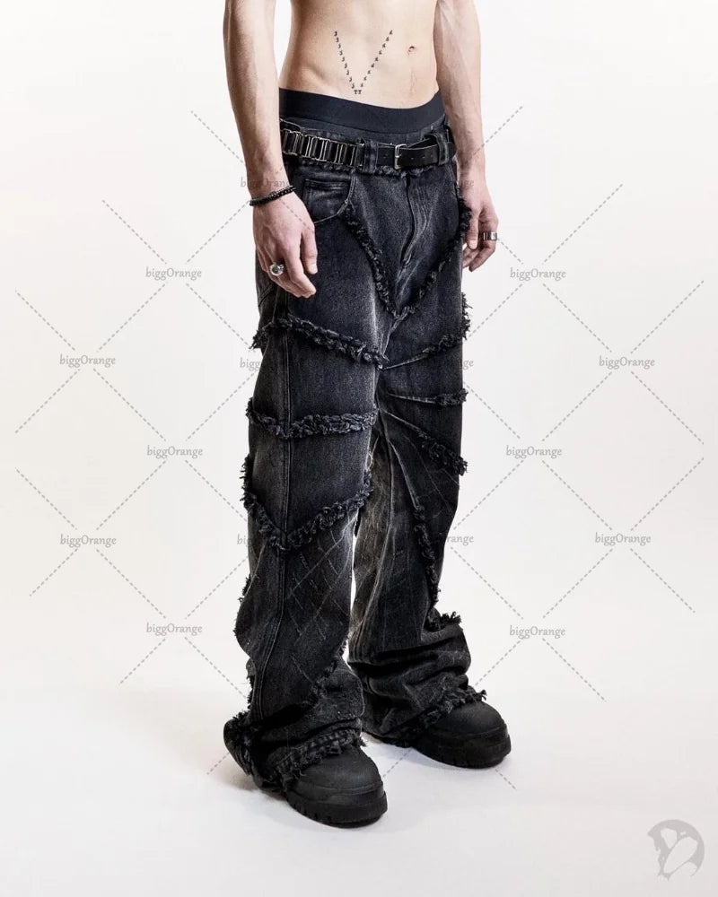 Punk Black American Street Rock Retro Y2K High Waist Oversized Jeans Men 2024 New Raw Edge Washed Straight Wide Leg Trousers Men - Premium jeans from Lizard Vigilante - Just $38.88! Shop now at Lizard Vigilante