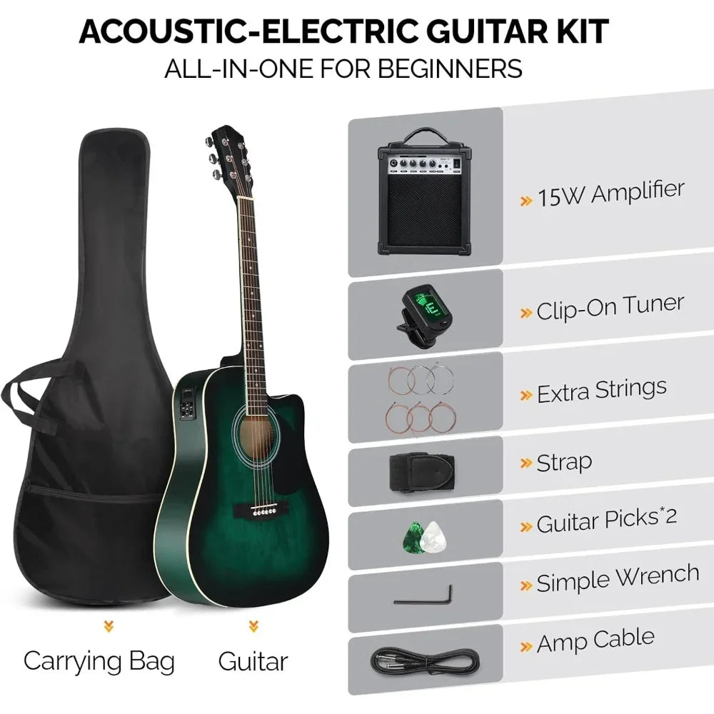 Full Size 6 Strings Acoustic Electric Guitar Beginner Kit w/ 15W Amp,w/Inbuilt Tuner, Bag, Strap, Picks, Strings - Premium  from Lizard Vigilante - Just $176.99! Shop now at Lizard Vigilante