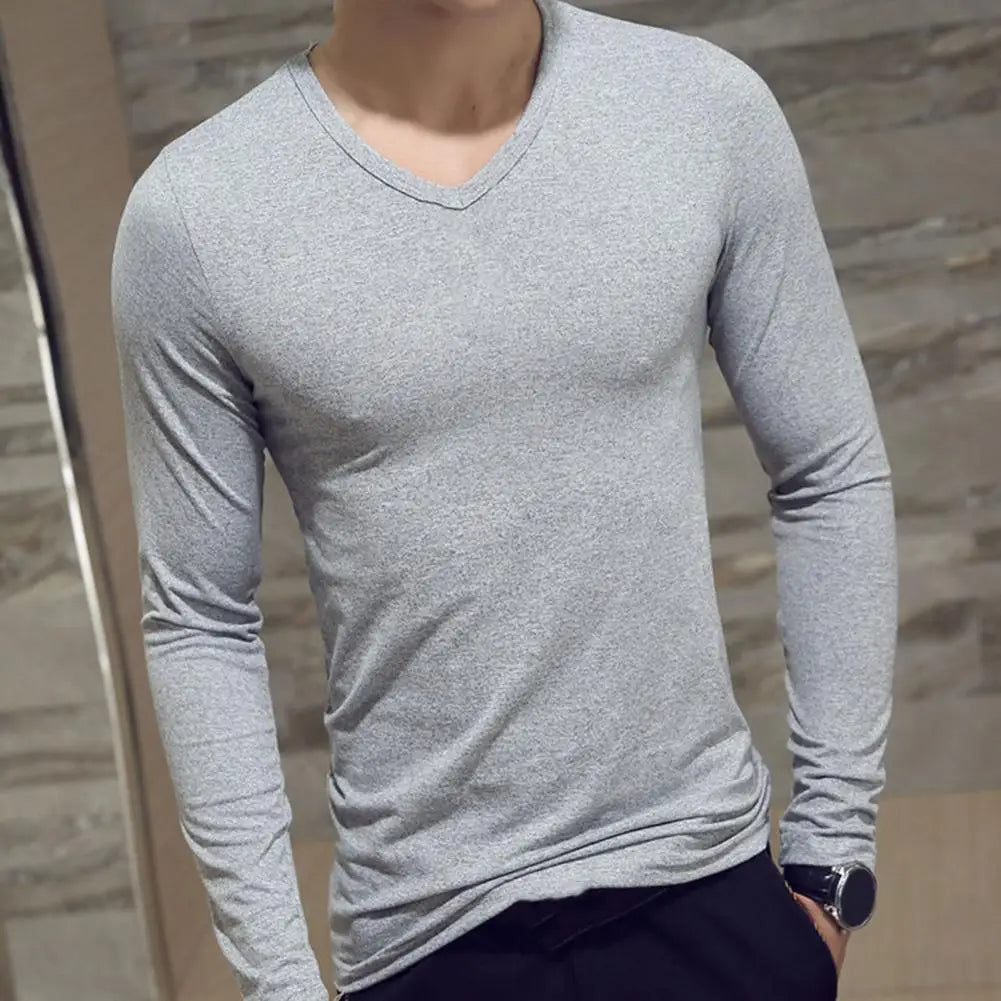 Men's Sports Gym Long Sleeve Slim Fit V-Neck T-Shirt – Solid Color Casual Fitness Base Shirt for Autumn & Winter - Premium t-shirt from Lizard Vigilante - Just $16.66! Shop now at Lizard Vigilante