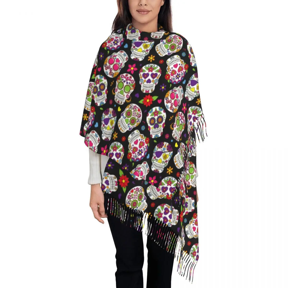 Day of the Dead Sugar Skull Colorful Flower Scarf – Warm Pashmina Shawl, Wrap for Women - Premium scarf from Lizard Vigilante - Just $23.66! Shop now at Lizard Vigilante