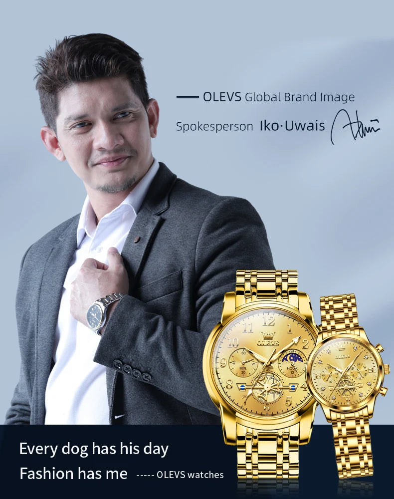 OLEVS New Flywheel Design Luxury Couple Watch Waterproof Moon Phase Chronograph Brand Original Quartz Wrist Watch for Men Women - Premium  from Lizard Vigilante - Just $50.99! Shop now at Lizard Vigilante