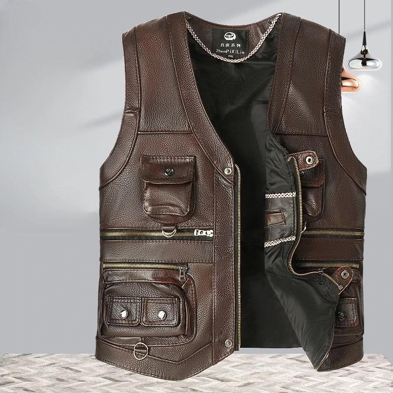 Cowhide Genuine Leather Vest Mens Slim Fit Real Leather Waistcoat Male Multi Pocket Zipper Vest D372 - Lizard Vigilante