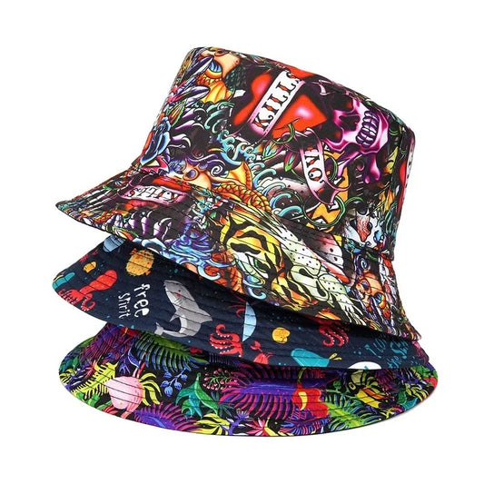 Summer Sun Protection Bucket Hat for Men Women Panama Cap Print Hip Hop Gorros Fishing Fisherman Hat Double Side Wear Fashion - Premium T-Shirts from Lizard Vigilante - Just $7.99! Shop now at Lizard Vigilante