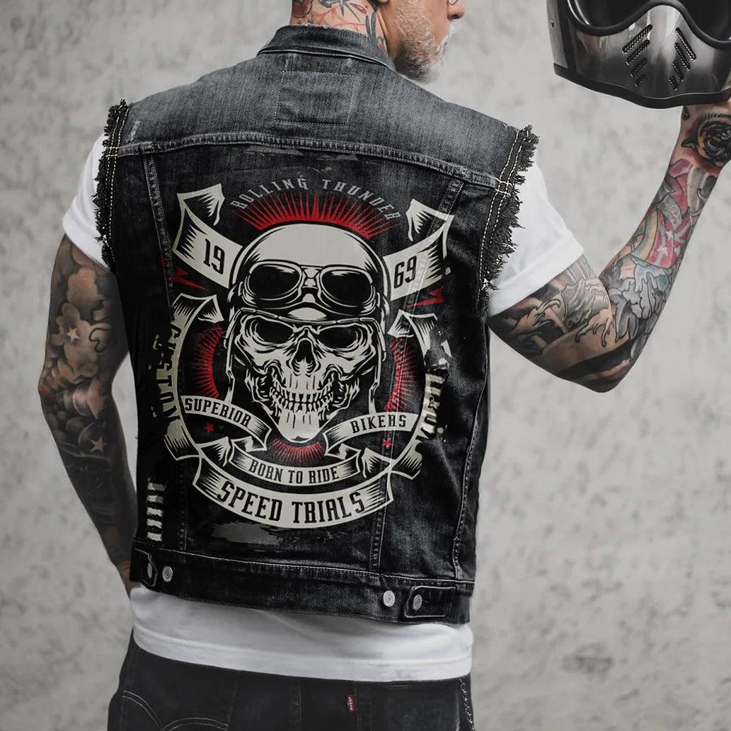 Street Motorcycle Show Winged Eagle Printing Casual Heavy Craftsmanship Worn Out Washed Men's Denim - Lizard Vigilante