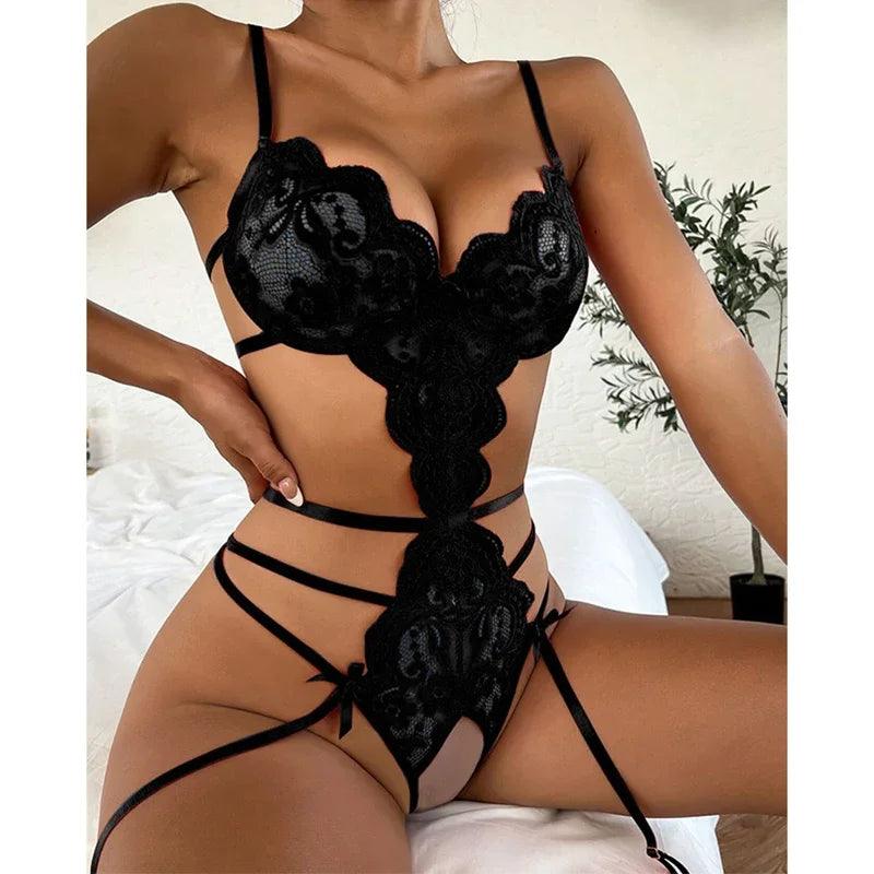 Lingerie Set Costume Female Crotchless Bodysuits Underwear Women Lace Sling Patchwork String Sheer Bra Set - Lizard Vigilante